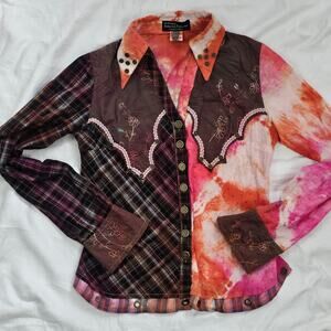 Top embroidered Western rodeo tie dye funky plaid farm ranch fitted Small